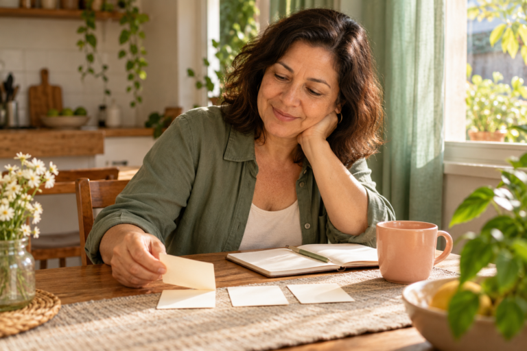 Mulher escolhe um cartão de anotação ao lado de um caderno aberto.
