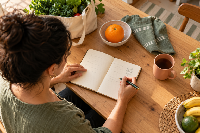 Mulher escreve anotações em um caderno sobre uma mesa de cozinha.