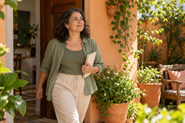 Mulher com um caderno sai de casa em direção a um pequeno jardim.