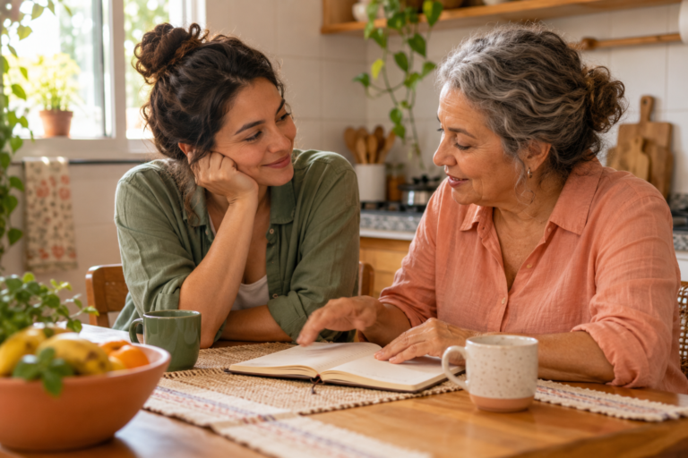 Duas mulheres conversam sobre um caderno aberto em uma mesa.