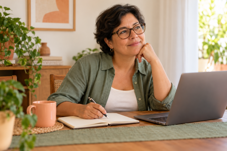 Mulher de óculos faz uma anotação diante de um caderno e um computador.