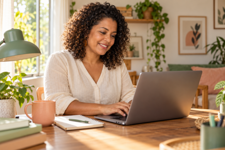 Mulher escreve uma mensagem no computador em um ambiente doméstico.